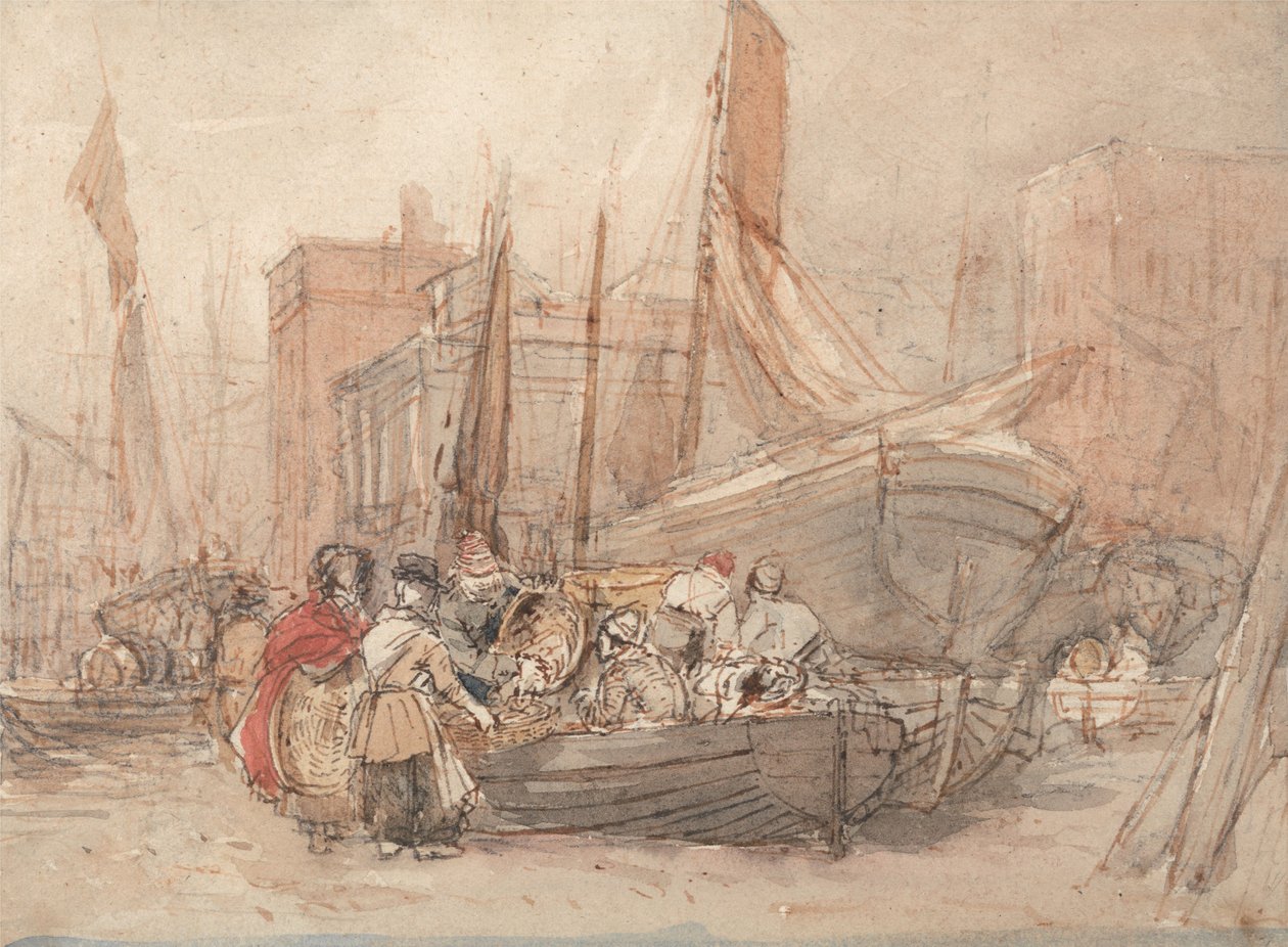 Hafenszene mit entladenden Fischerbooten von David Cox