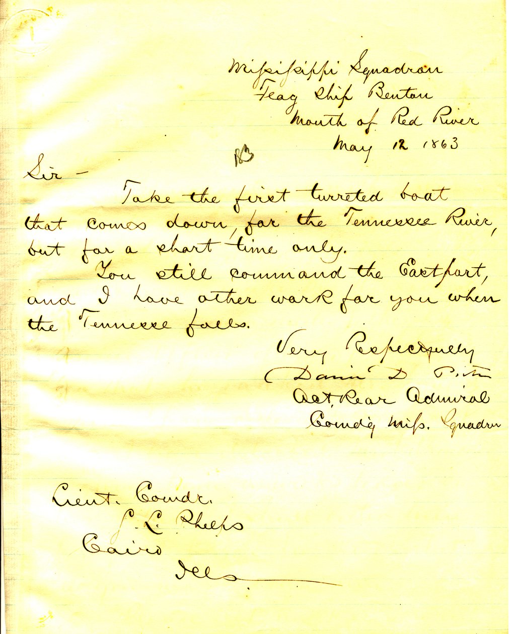 Brief von David D. Porter, U. S. S. Benton, Mündung des Red River, an Seth Ledyard Phelps, Kairo, Illinois, 12. Mai 1863 von David D. Porter