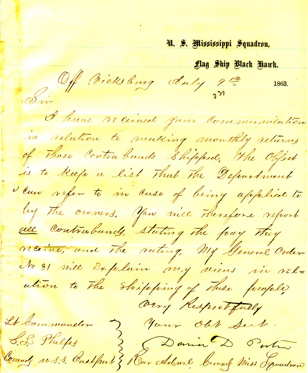 Brief von David D. Porter, U. S. S. Black Hawk, vor Vicksburg, an Seth Ledyard Phelps, Kommandant der U. S. S. Eastport, 9. Juli 1863 von David D. Porter