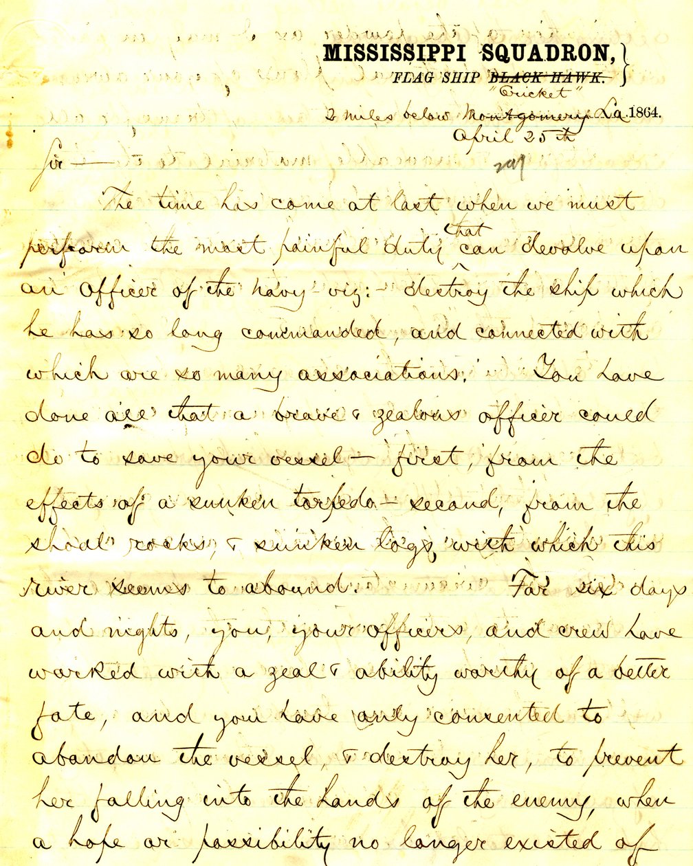 Brief von David D. Porter, U. S. S. Cricket, 2 Meilen unterhalb Montgomery, Louisiana, an [Seth Ledyard] Phelps, Kommandant der U. S. S. Eastport, 2 Meilen unterhalb Montgomery, Louisiana, 25. April 1864 von David D. Porter