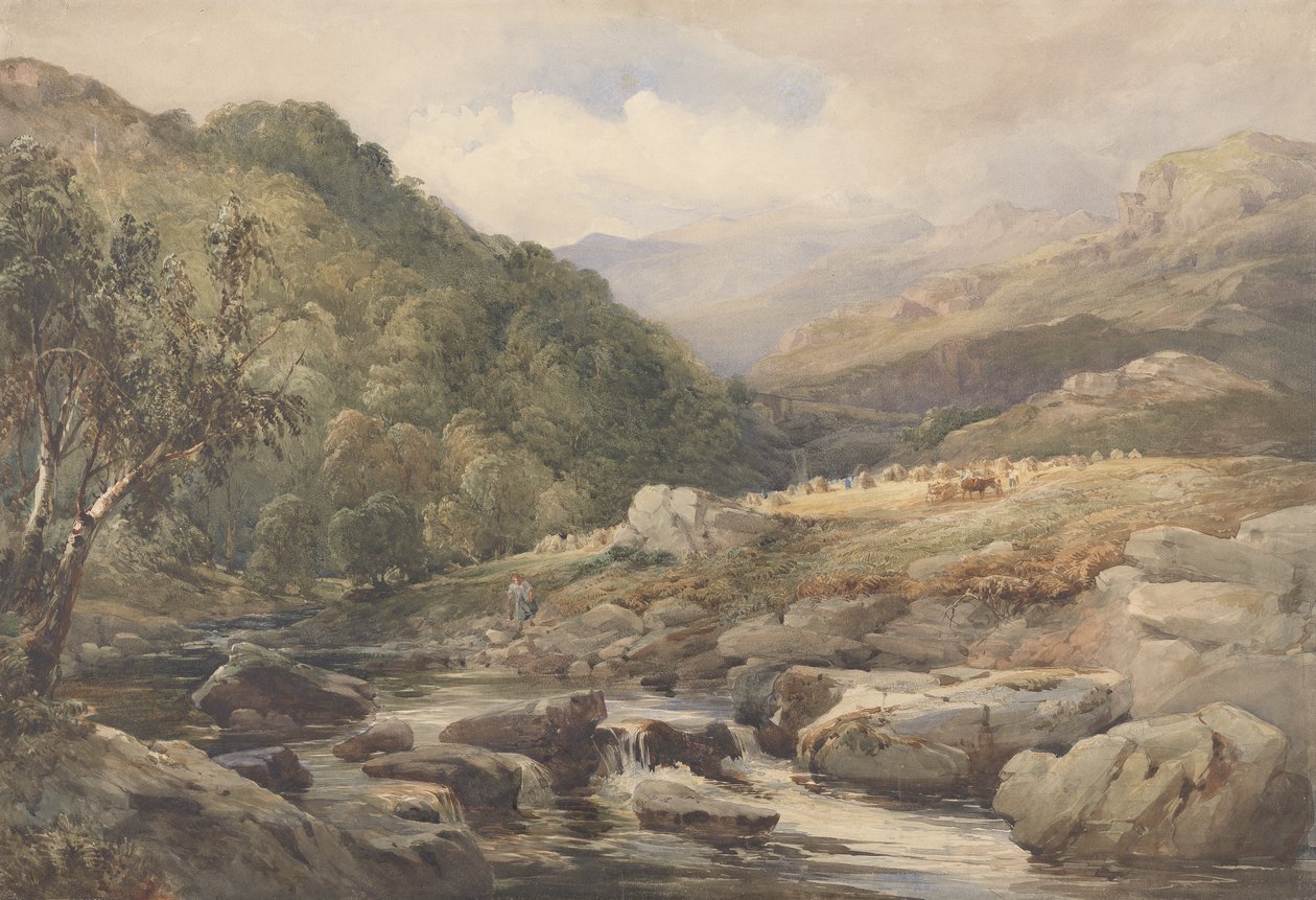 Landschaft mit Bach und Heuarbeitern von David Hall McKewan
