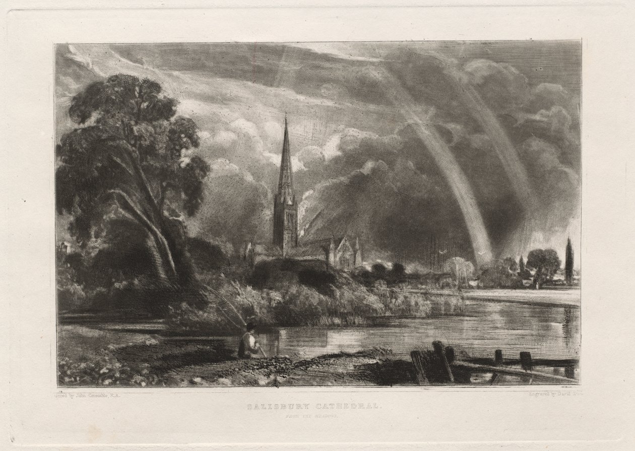 Kathedrale von Salisbury von den Wiesen aus, kleine Platte, 1855 von David Lucas