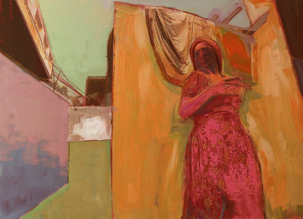 Frau im rosa Kleid, 2016, Mischtechnik auf Holztafel von David McConochie