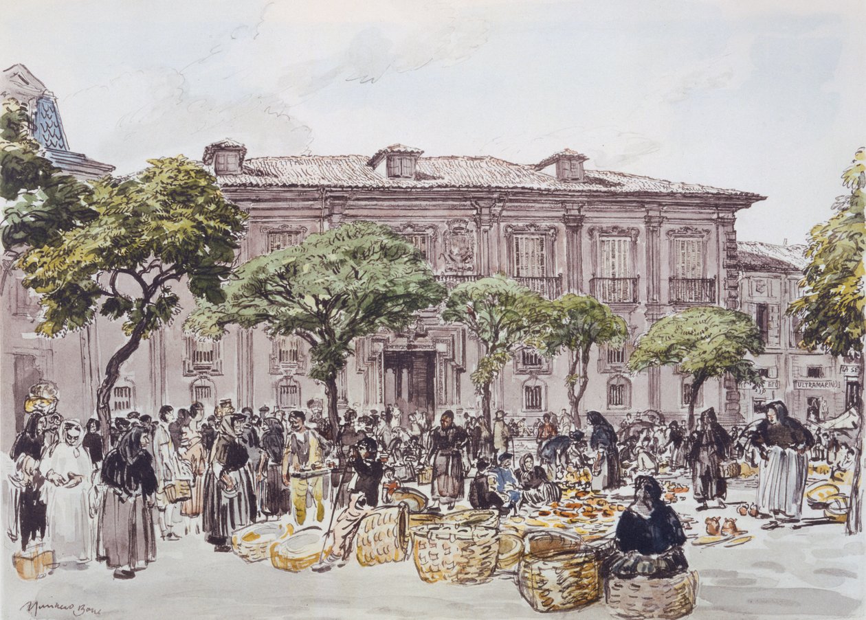 Markt vor einem Palast, Oviedo von David Muirhead Bone