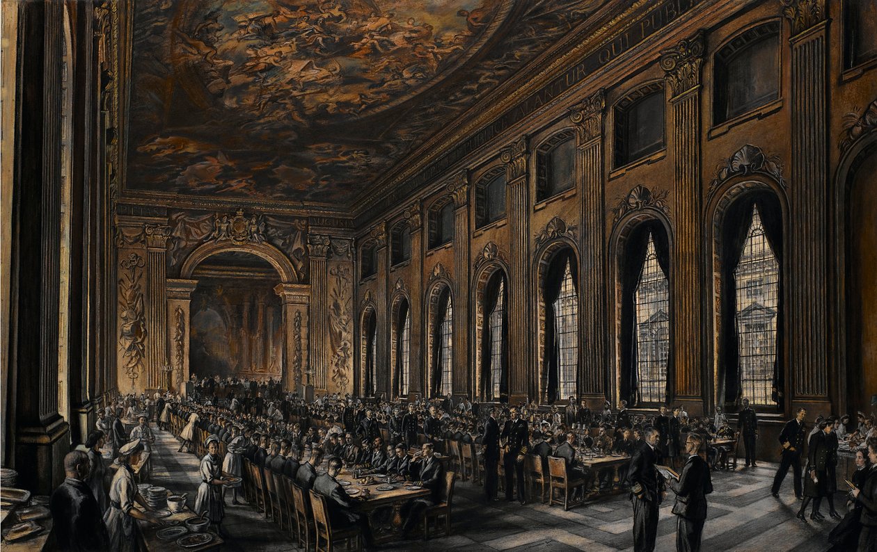 Offiziere speisen in der bemalten Halle (im Royal Hospital in Greenwich, England, für Marine-Rentner) während des Zweiten Weltkriegs (1939-1945) von David Muirhead Bone