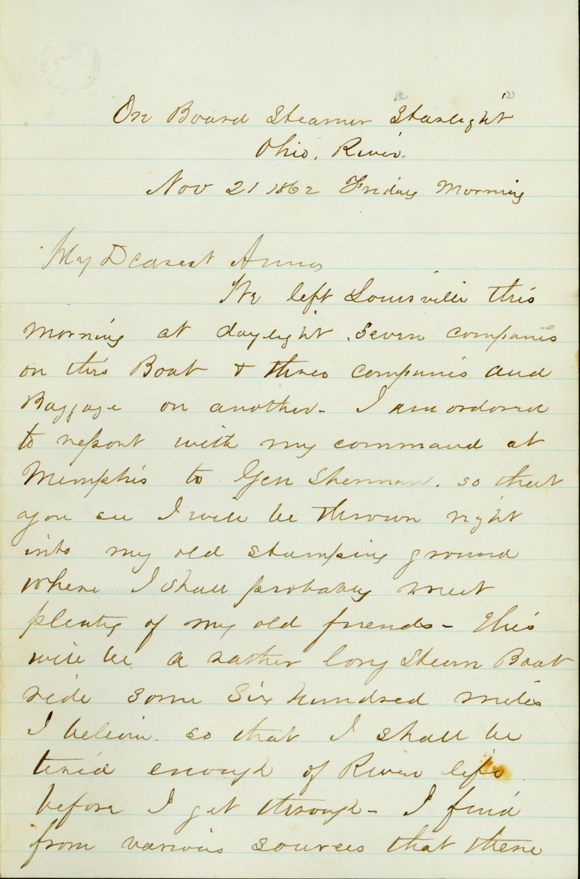 Brief von D. P. Grier, an Bord des Dampfers Starlight, Ohio River, an Anna McKinney, 21. November 1862 von David Perkins Grier
