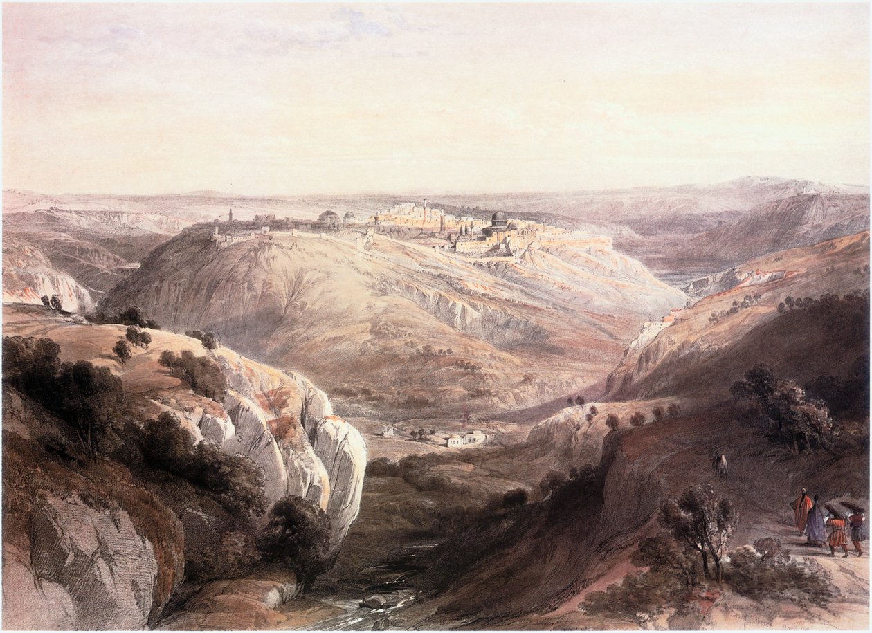 Im Heiligen Land: Jerusalem, gesehen vom Süden mit Landschaft der Wüste Juda (Gravur) von David Roberts