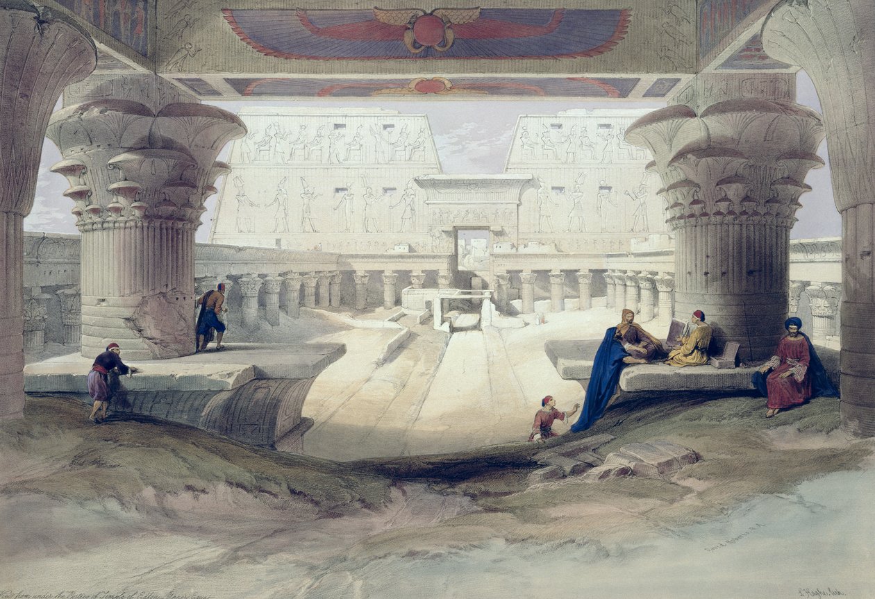 Blick unter dem Portikus des Tempels von Edfu, Oberägypten, Tafel 32 aus Band I von Ägypten und Nubien, gestochen von Louis Haghe, veröffentlicht 1846 von David Roberts