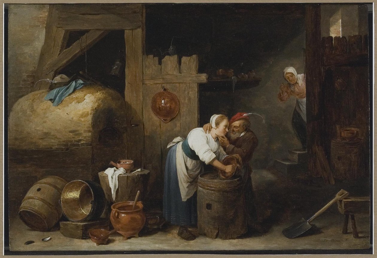 Innenraum mit einer jungen Frau, die Töpfe schrubbt, während ein alter Mann sie belästigt von David Teniers the Younger