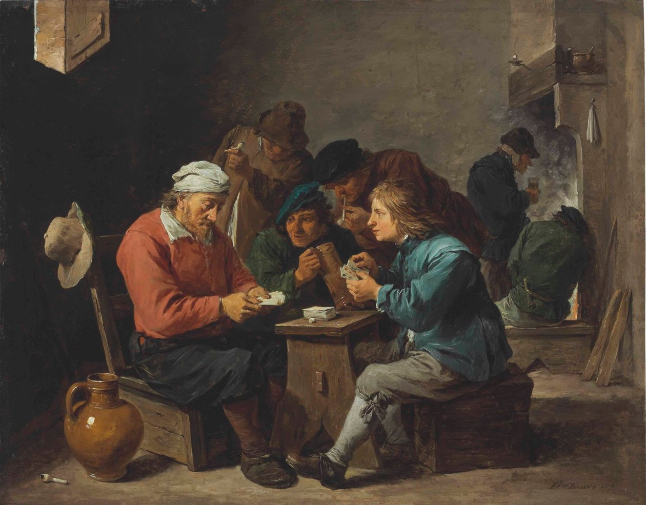 Bauern spielen Karten in einem Innenraum von David Teniers the Younger