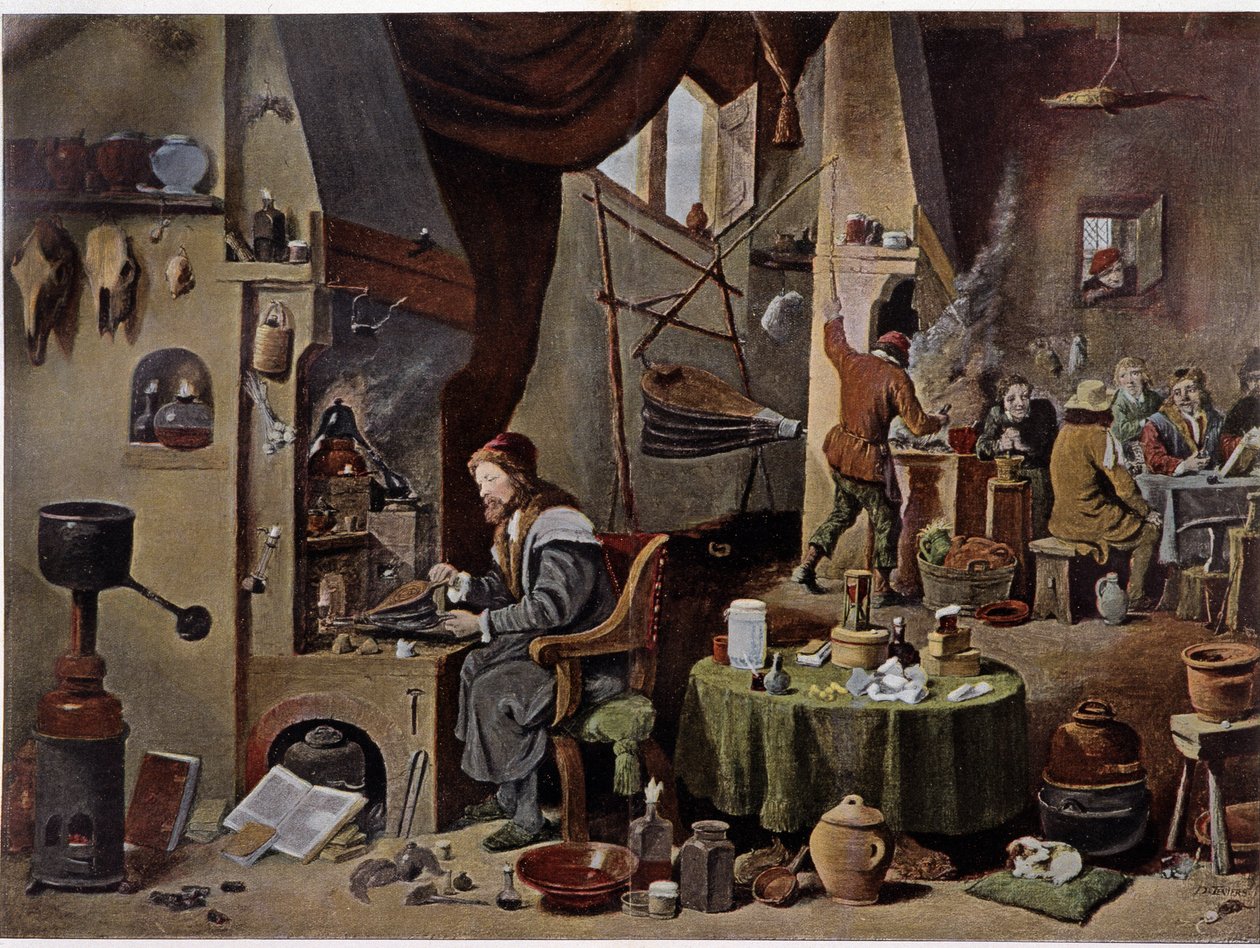 Alchemistenlabor im 17. Jahrhundert - nach dem Gemälde von David Teniers dem Jüngeren. von David the Younger (after) Teniers