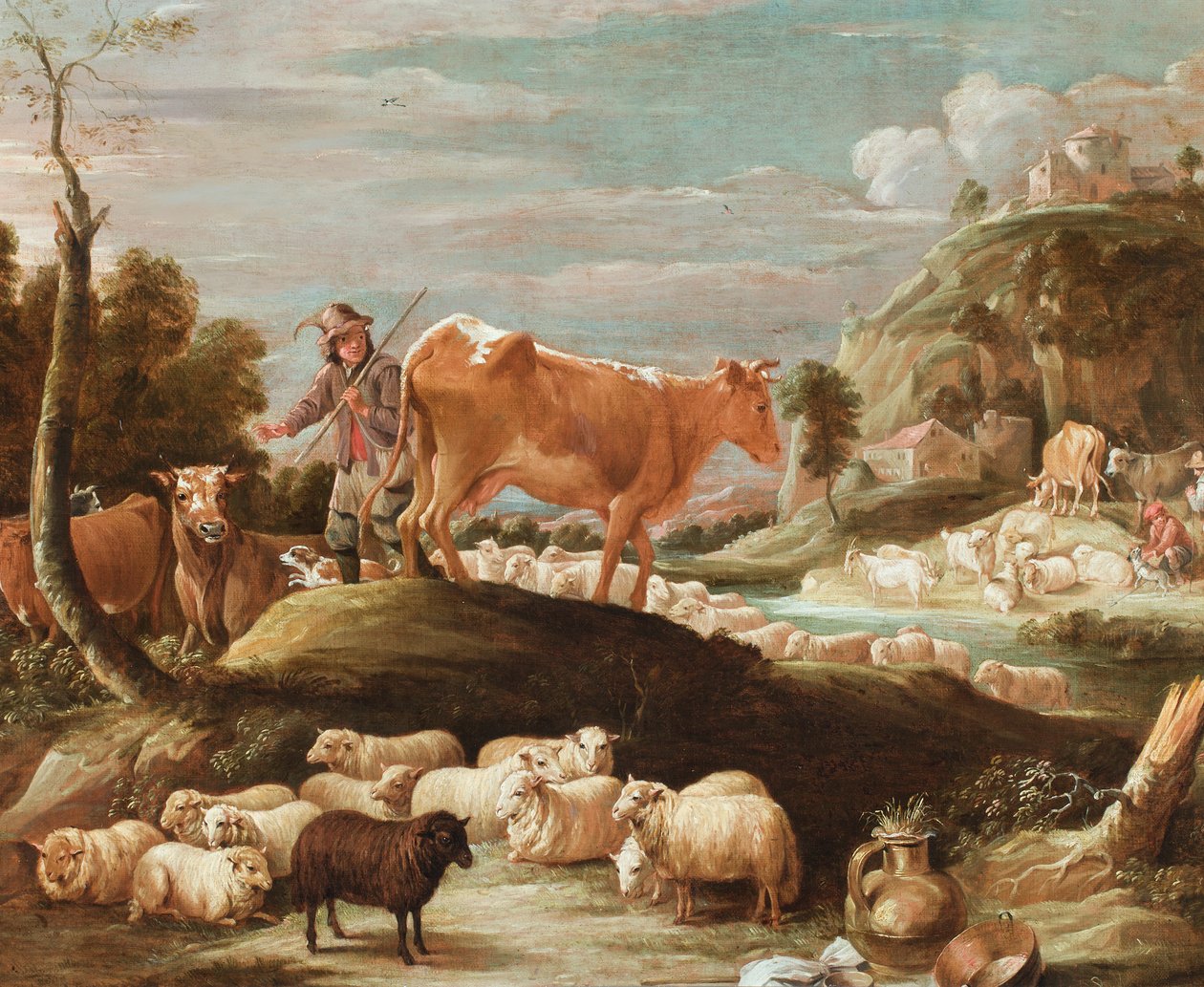 Ein Kuhhirte mit Rindern und Schafen in der Nähe eines Baches von David the Younger (follower of) Teniers