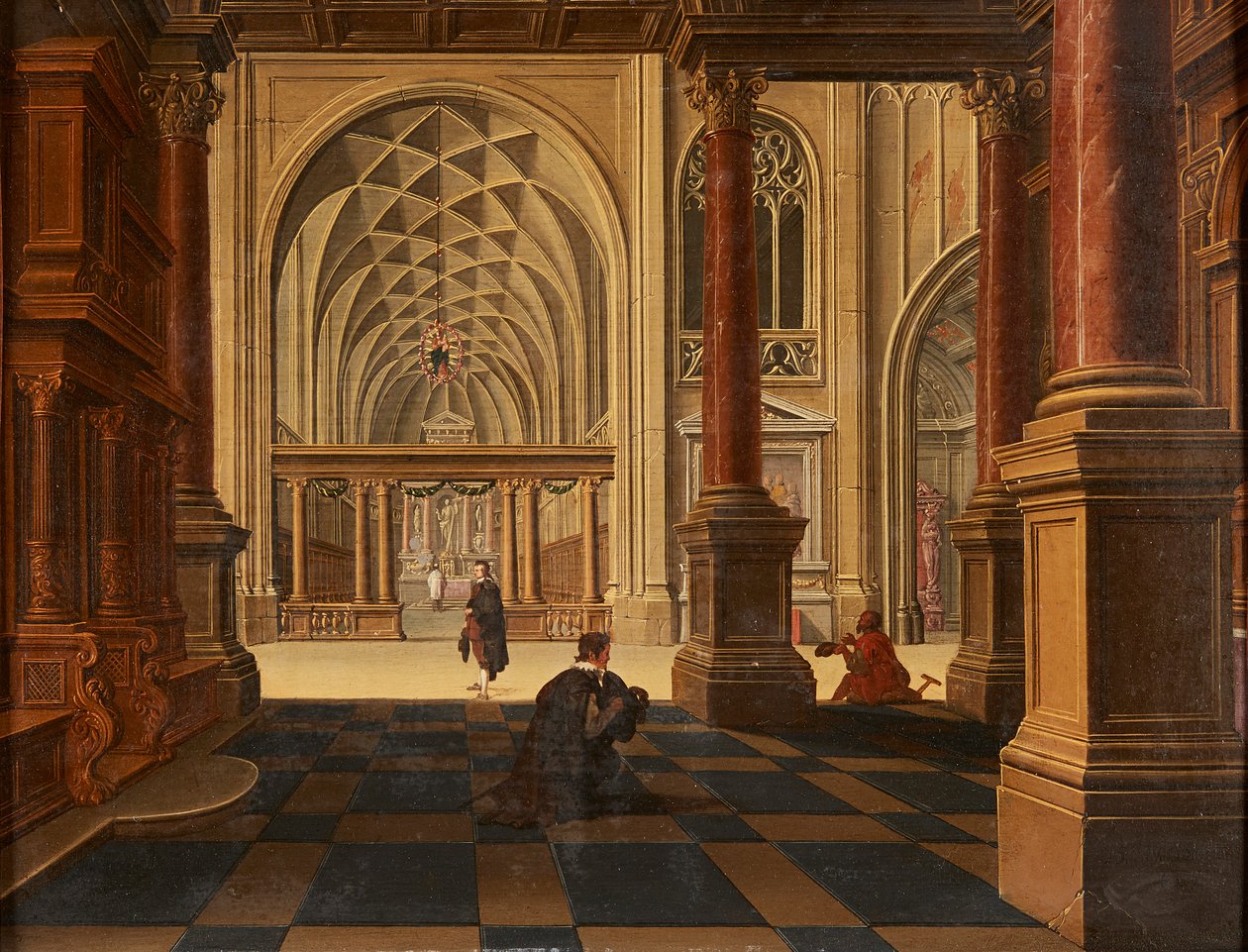 Figuren unterhalten sich auf einem Pfad, Schlossruinen im Hintergrund von David the Younger (follower of) Teniers