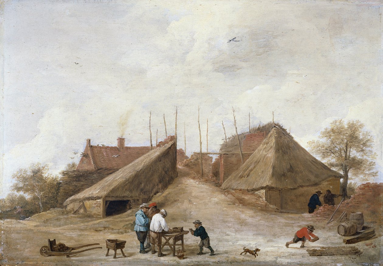 Ein Bauernhof mit Figuren um einen Tisch von David Teniers the Younger