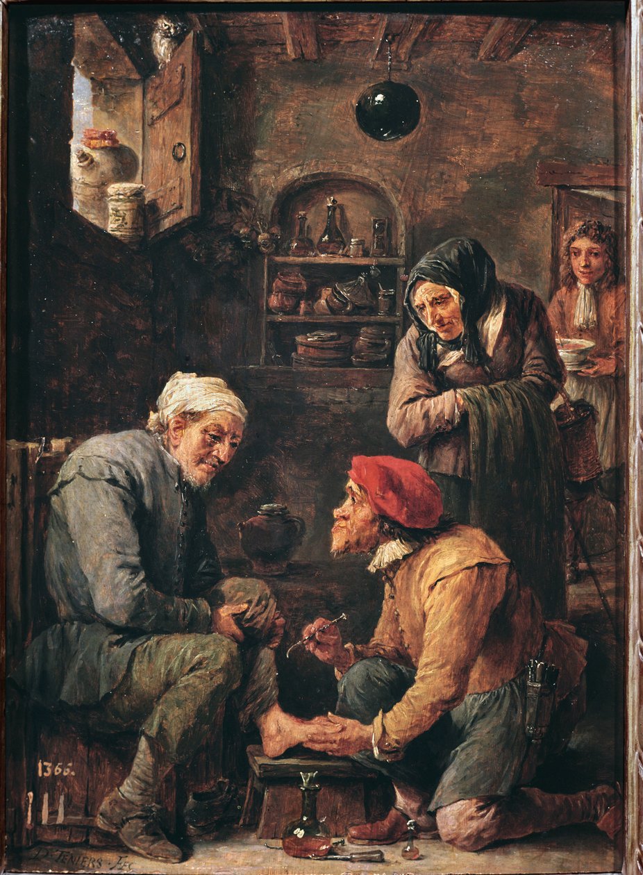 Eine chirurgische Operation, ein Arzt kurz davor, den Fuß des Patienten zu öffnen von David Teniers the Younger
