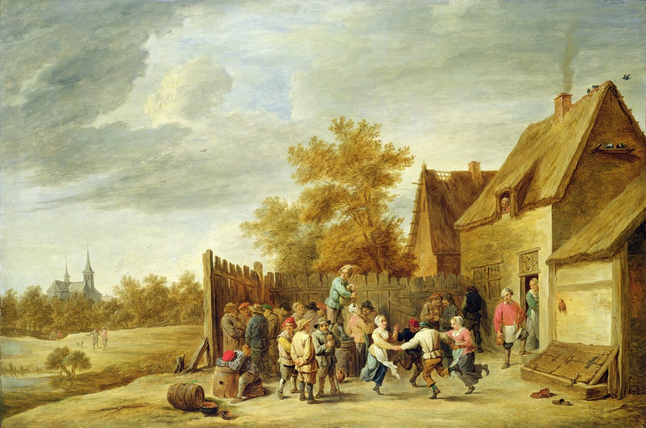 Bauern tanzen vor einem Gasthaus von David Teniers the Younger