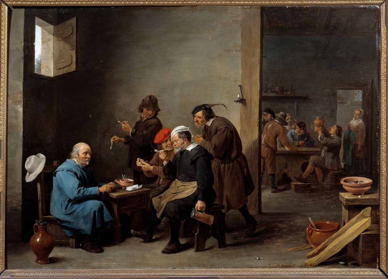 Der Mann mit dem weißen Hut, Gruppe von Männern, die in einer Gaststätte Pfeife rauchen von David Teniers the Younger