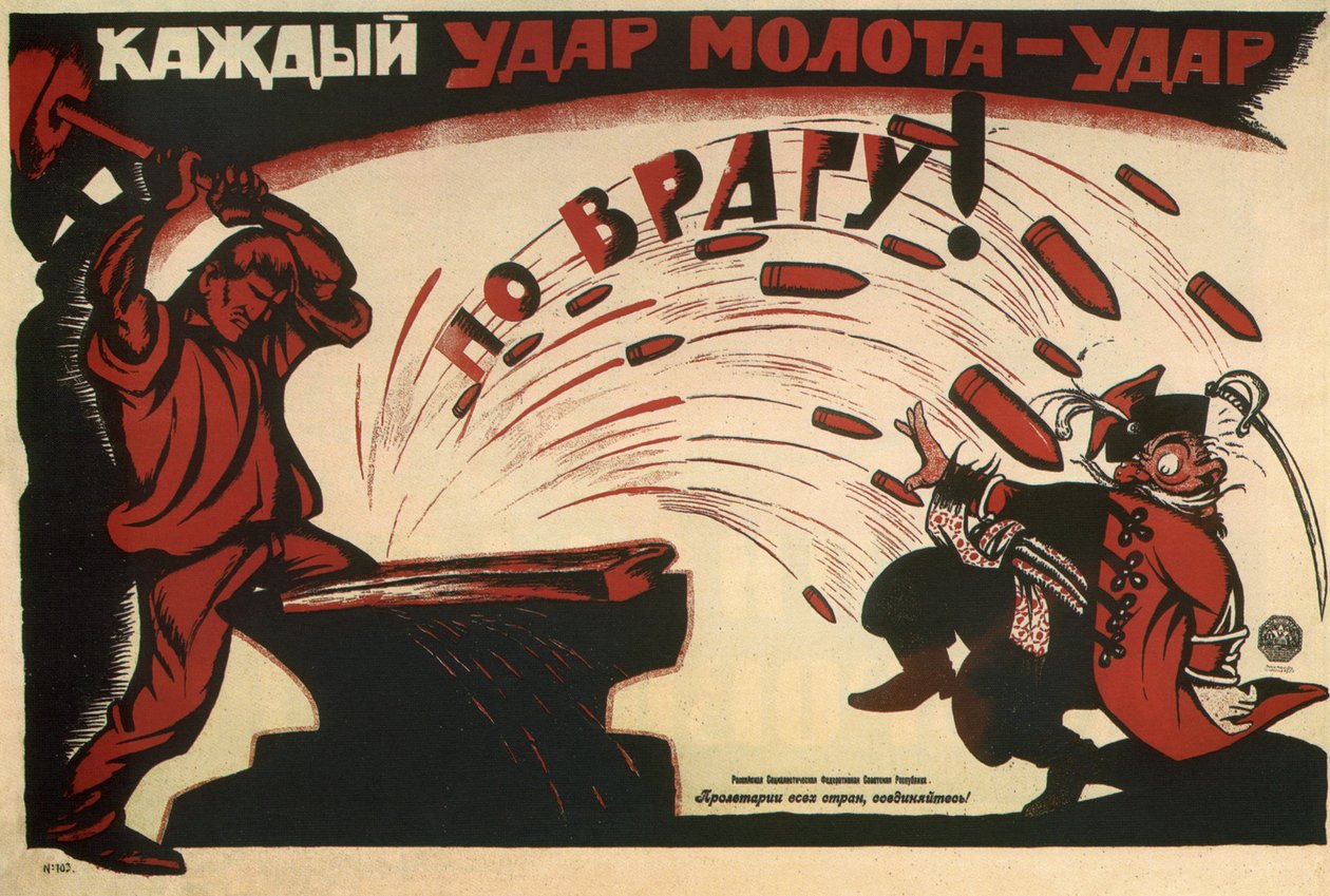 Jeder Hammerschlag ist ein Schlag gegen den Feind! Plakat, 1920 von Deni