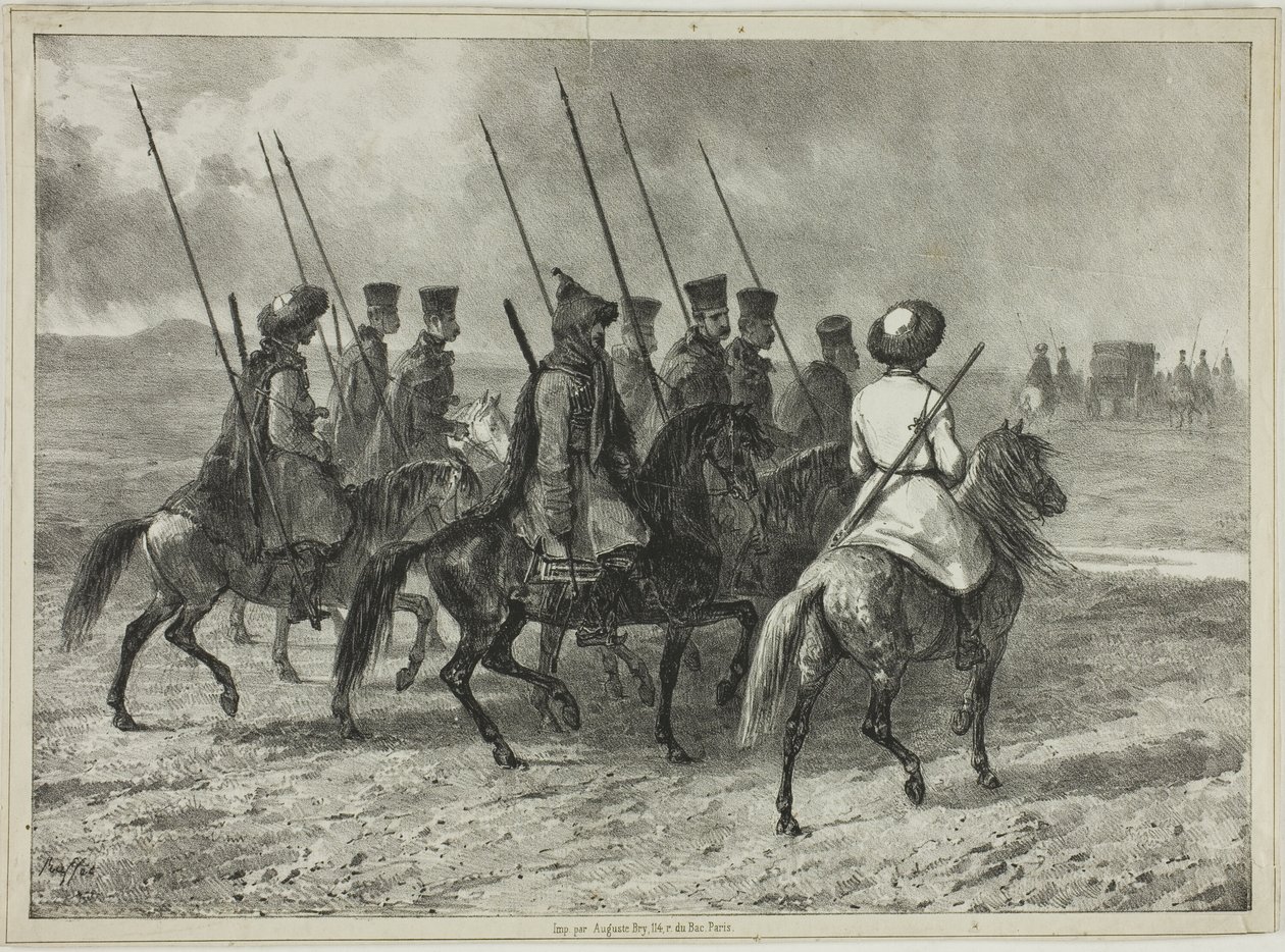 Kosaken-Eskorte an die Grenze von Kuban, Taman (Zentralrussland), 11. Oktober 1837 von Denis Auguste Marie Raffet