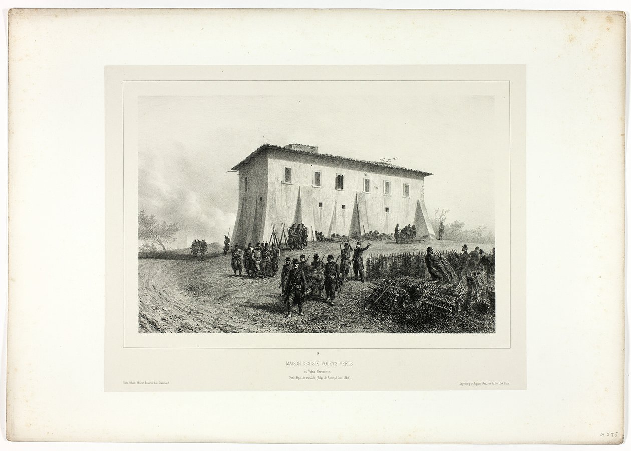 Haus mit sechs grünen Fensterläden, aus "Souvenirs d’Italie: Expédition de Rome" von Denis Auguste Marie Raffet