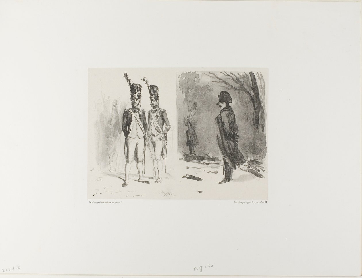 Blatt mit Skizze (Grenadier der Garde, Napoleon im Biwak) von Denis Auguste Marie Raffet