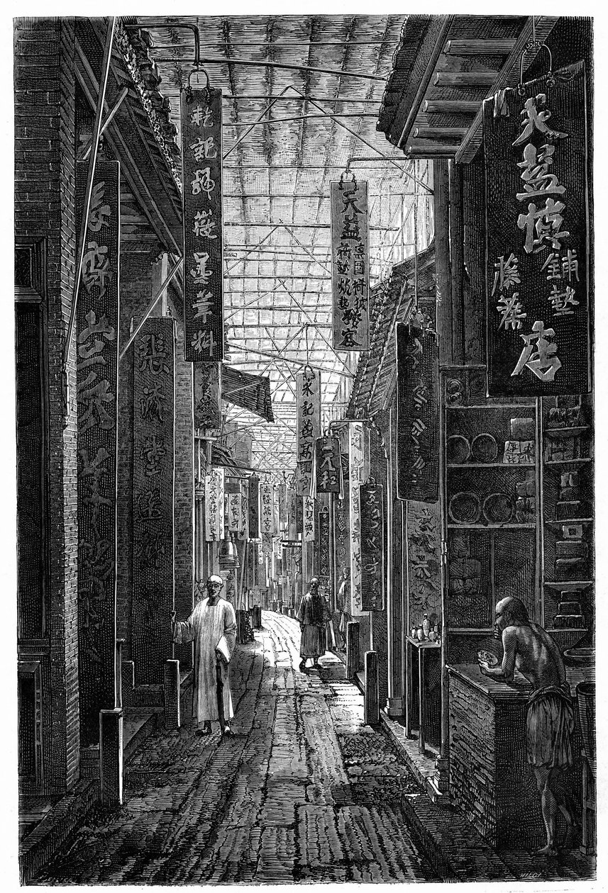 Ansicht der Pharmaziestraße in Guangzhou (Kanton). Gravur nach einer Zeichnung von Deroy, in „Le Tour du Monde, Nouveau journal des Voyages“, herausgegeben von Edouard Charton, Paris von Deroy (after)