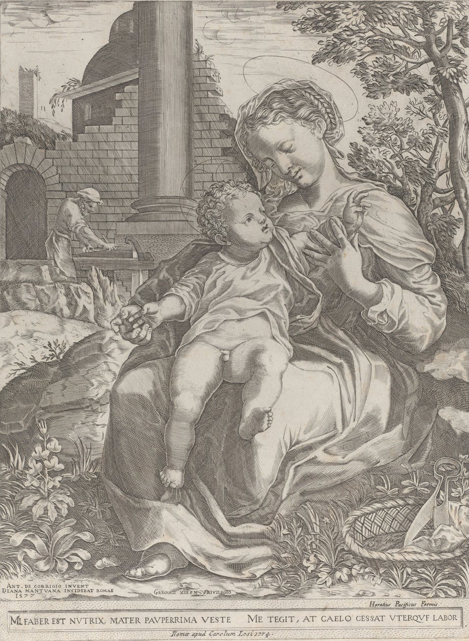 Die Heilige Familie in Ägypten, mit Joseph als Zimmermann im Hintergrund, [1577], neu veröffentlicht 1774 von Diana Mantuana