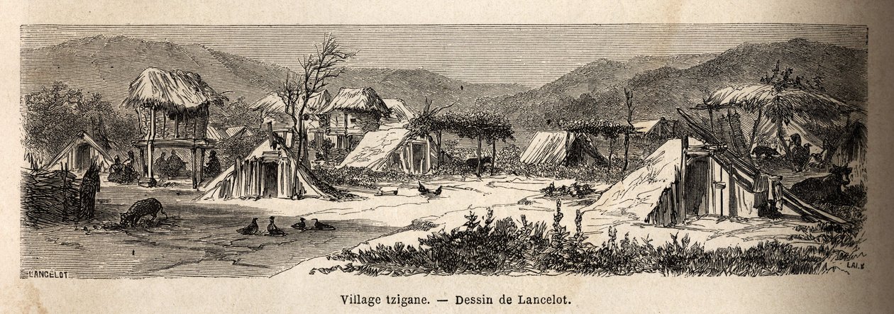 Ein Zigeunerdorf. Gravur zur Illustration der Reise von Paris nach Bukarest, von Lancelot, Zeichner, 1860, veröffentlicht in "Le tour du monde, nouveau journal des voyages" von Dieudonne Auguste Lancelot