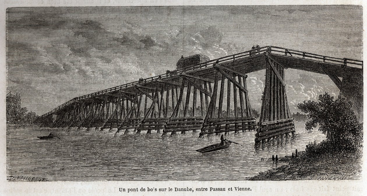 Eine Holzbrücke über die Donau, zwischen Passau und Wien, Zeichnung von Lancelot, zur Illustration von Victor Duruy