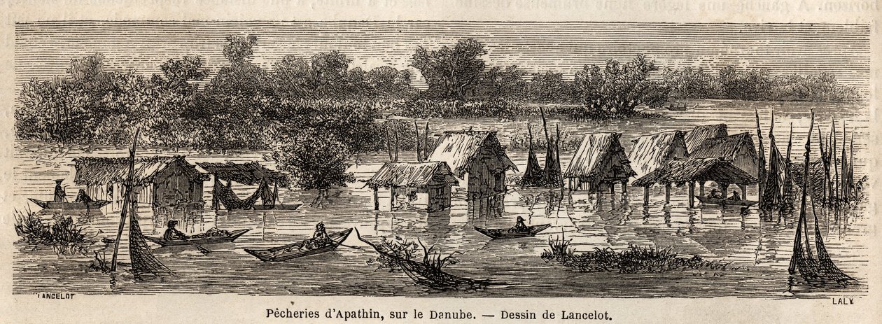 Die Fischerei von Apathin (Serbien), an der Donau. Zeichnung von Lancelot zur Illustration seiner Reise von Paris nach Bukarest im Jahr 1860. Gravur in „Le tour du monde“, herausgegeben von Edouard Charton von Dieudonne Auguste Lancelot