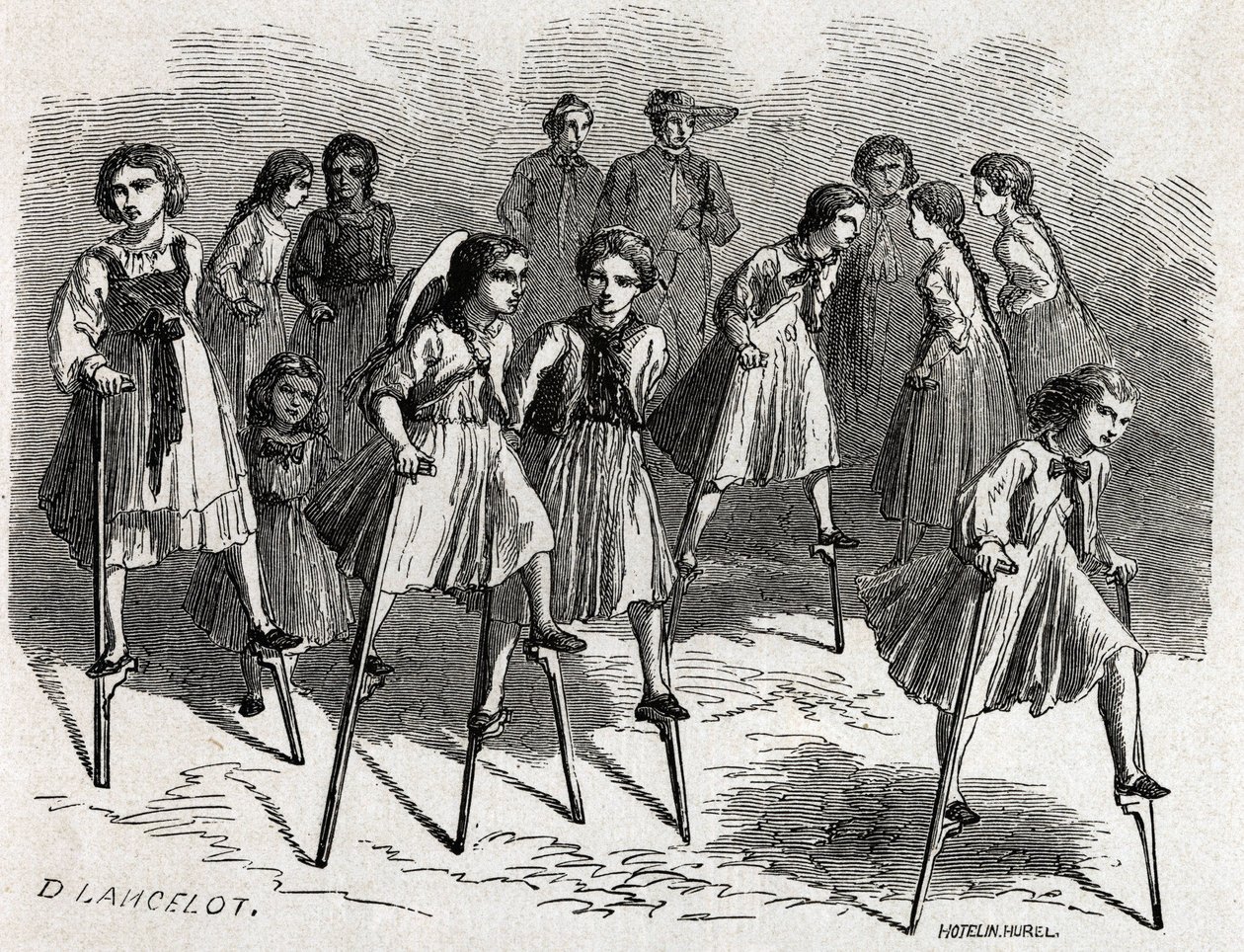 Das Spiel der Stelzen in Ulm, entworfen von Lancelot, zur Illustration der Reise von Victor Duruy von Paris nach Bukarest im Jahr 1860. Gravur in „Le tour du monde“, herausgegeben von Edouard Charton von Dieudonne Auguste Lancelot