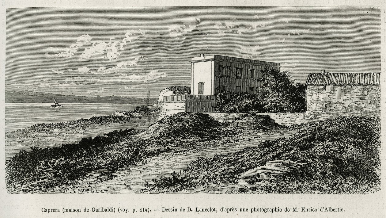 Das Haus von Giuseppe Garibaldi (1807-1882) in La Caprera (Sardinien), graviert nach einer Zeichnung von D. Lancelot, um die Geschichte von Syrien heute zu illustrieren, von Herrn Lortet, Dekan der Medizinischen Fakultät von Lyon, beauftragt mit einer wiss von Dieudonne Auguste Lancelot