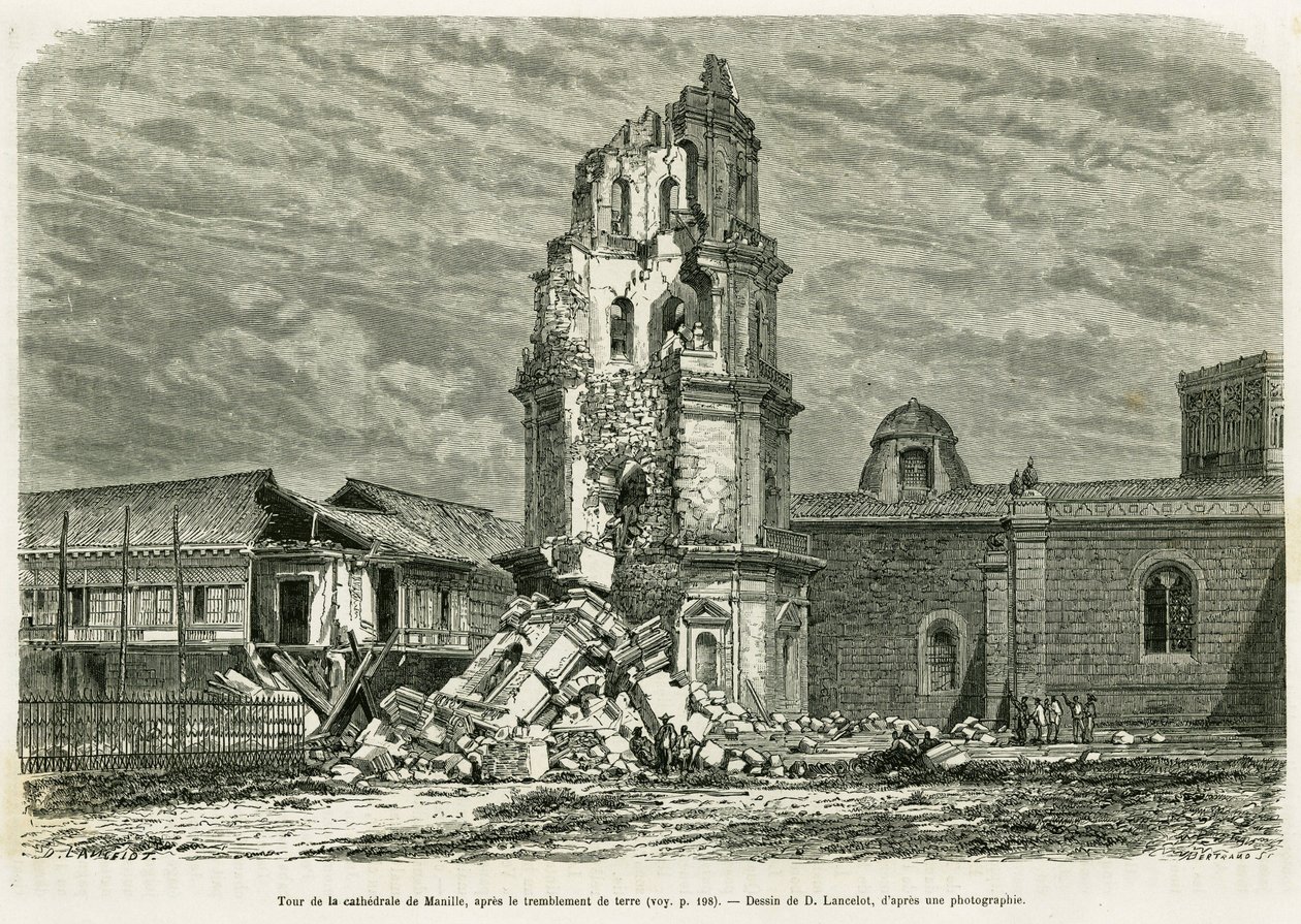 Turm der Kathedrale von Manila nach dem Erdbeben am 18. Juli 1880. Gravur von Lancelot zur Illustration der Geschichte Lucon und Palaouan, sechs Jahre auf den Philippinen, von Alfred Marche von Dieudonne Auguste Lancelot