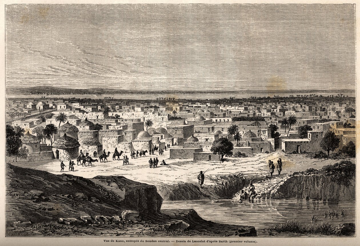 Ansicht von Kano (Stadt und Staat im Norden des heutigen Nigeria), Lagerhaus des zentralen Sudan, Zeichnung von Lancelot, zur Illustration der Reise von 1849-1855 ins Zentrum Afrikas von Dr. Henri Barth. Gravur in „Le tour du monde, nouveau journal des voy von Dieudonne Auguste Lancelot
