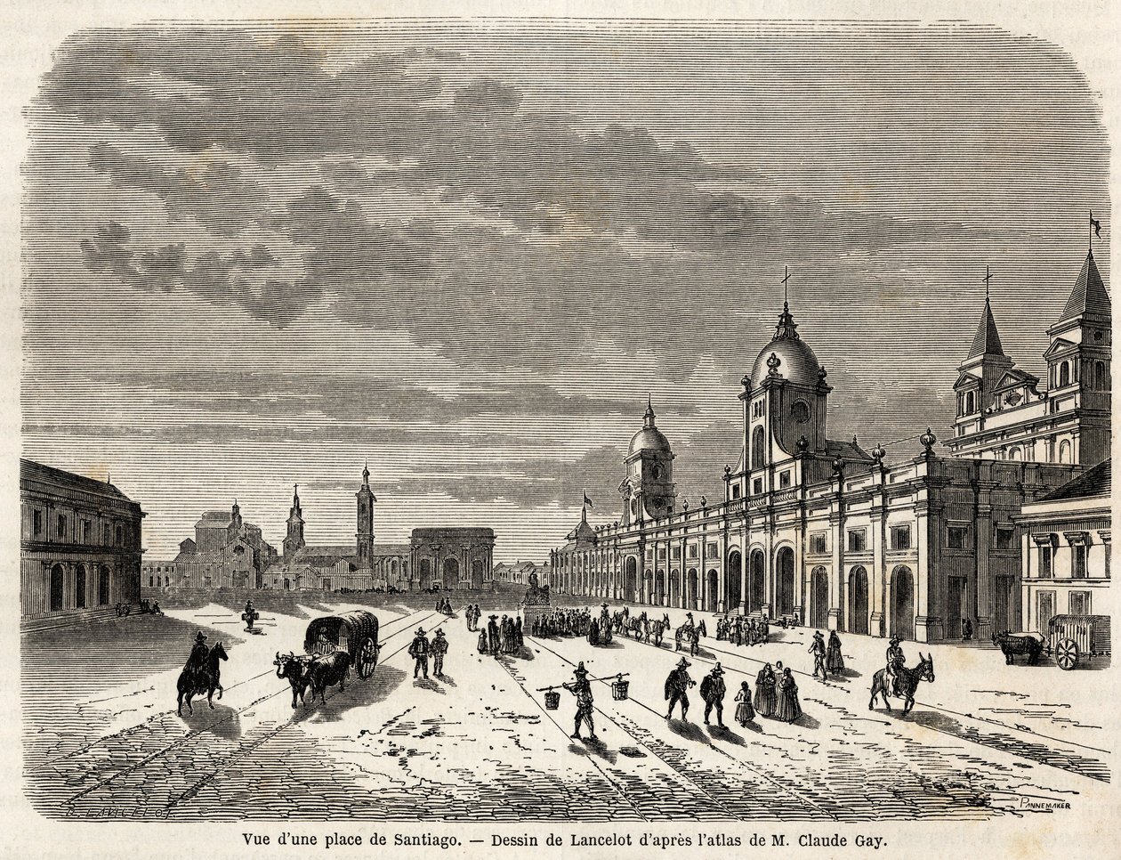 Ansicht eines Platzes in Santiago (Chile), Zeichnung von Lancelot zur Illustration der Reise nach Südamerika im Jahr 1823 von Giovanni Mastai Ferretti (1792-1878, zukünftiger Pius IX). Gravur in „Le tour du monde, nouveau journal des voyages“ Paris von Dieudonne Auguste Lancelot