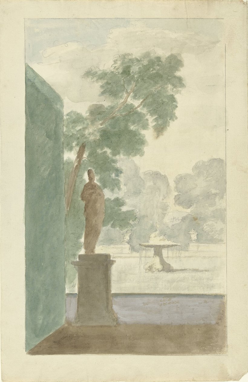 Entwurf für eine Wanddekoration in einer Halle: Blick auf einen Garten mit Statue, Brunnen und Urnen von Dionys van Nijmegen (possibly)