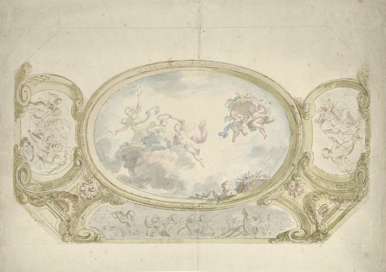 Entwurf für eine Deckenmalerei: Oval mit allegorischer Darstellung, umgeben von Szenen mit Putti von Dionys van Nijmegen (possibly)