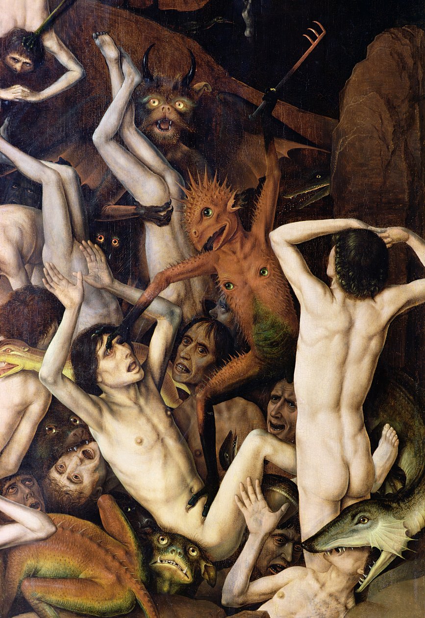Hölle, Detail eines Dämons, der die Verdammten schlägt, ca. 1450 von Dirck Bouts