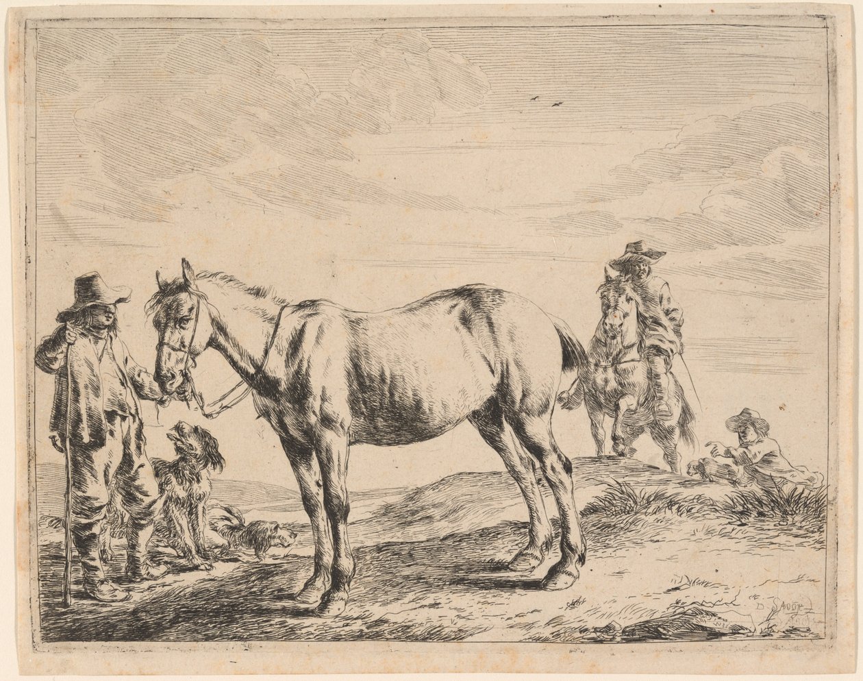 Ein Mann hält ein Pferd am Zügel von Dirck Stoop