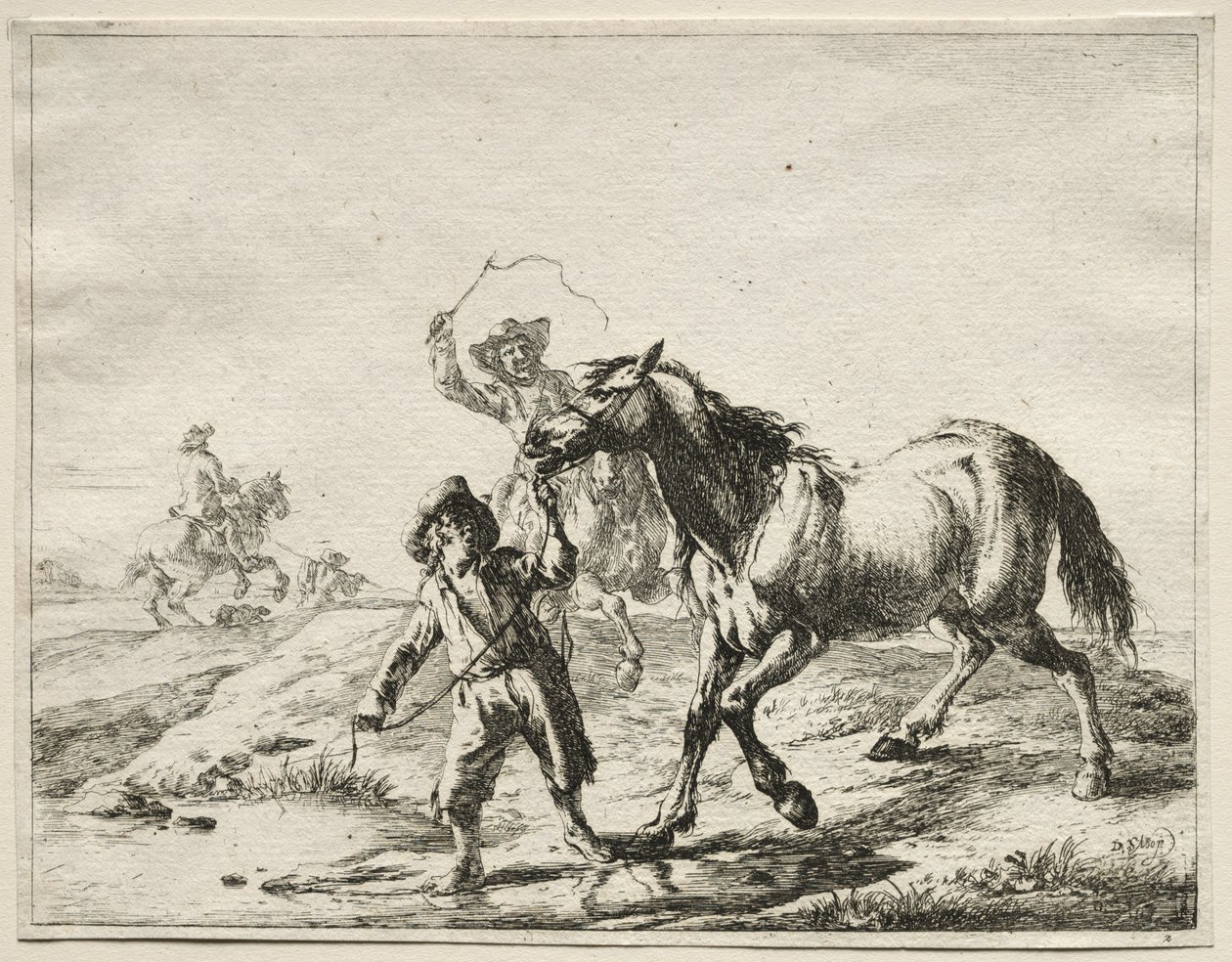 Ein Junge führt ein Pferd zum Trinken von Dirck Stoop