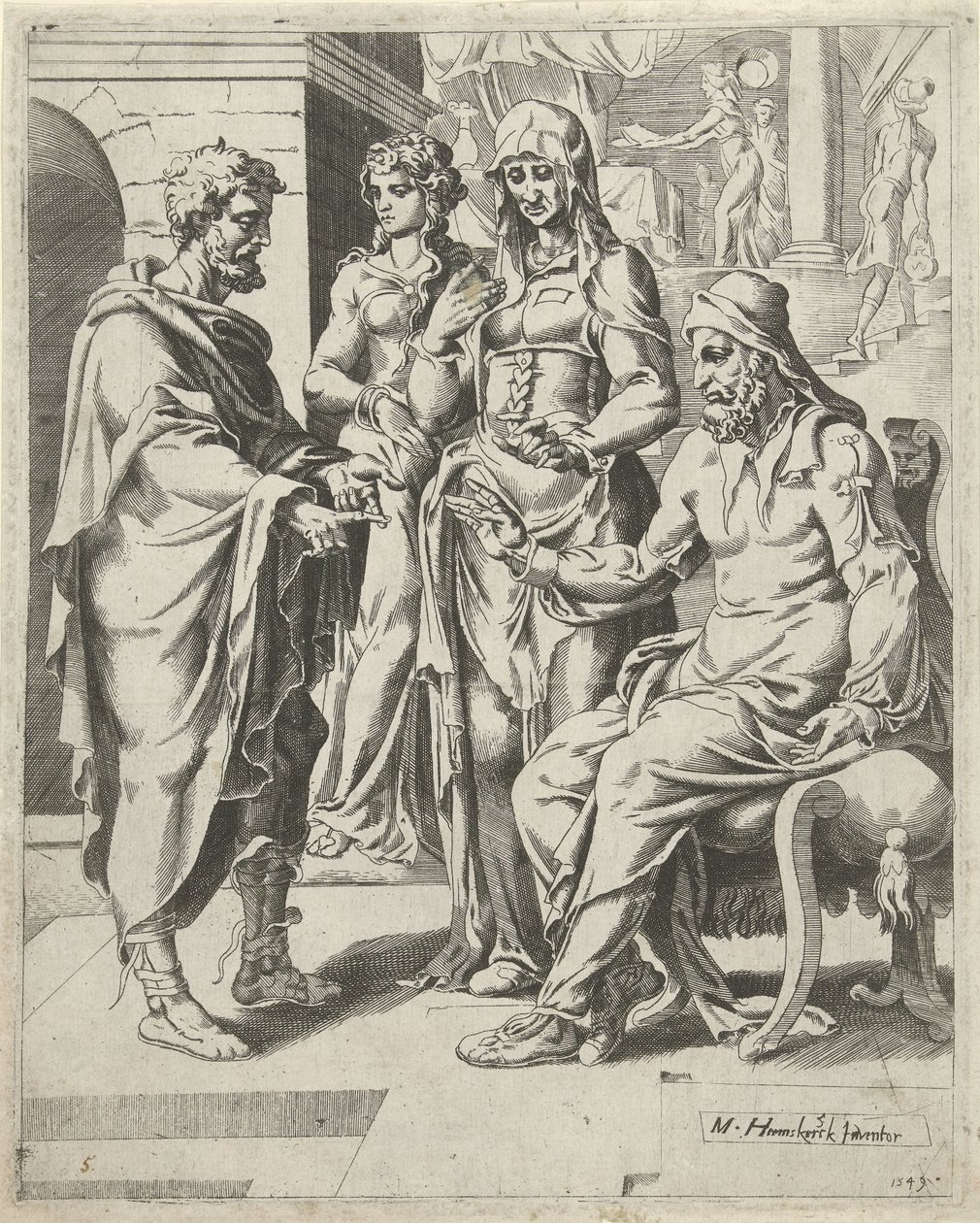 Eliëzer erzählt Laban sein Ziel von Dirck Volckertsz. Coornhert (attributed to)
