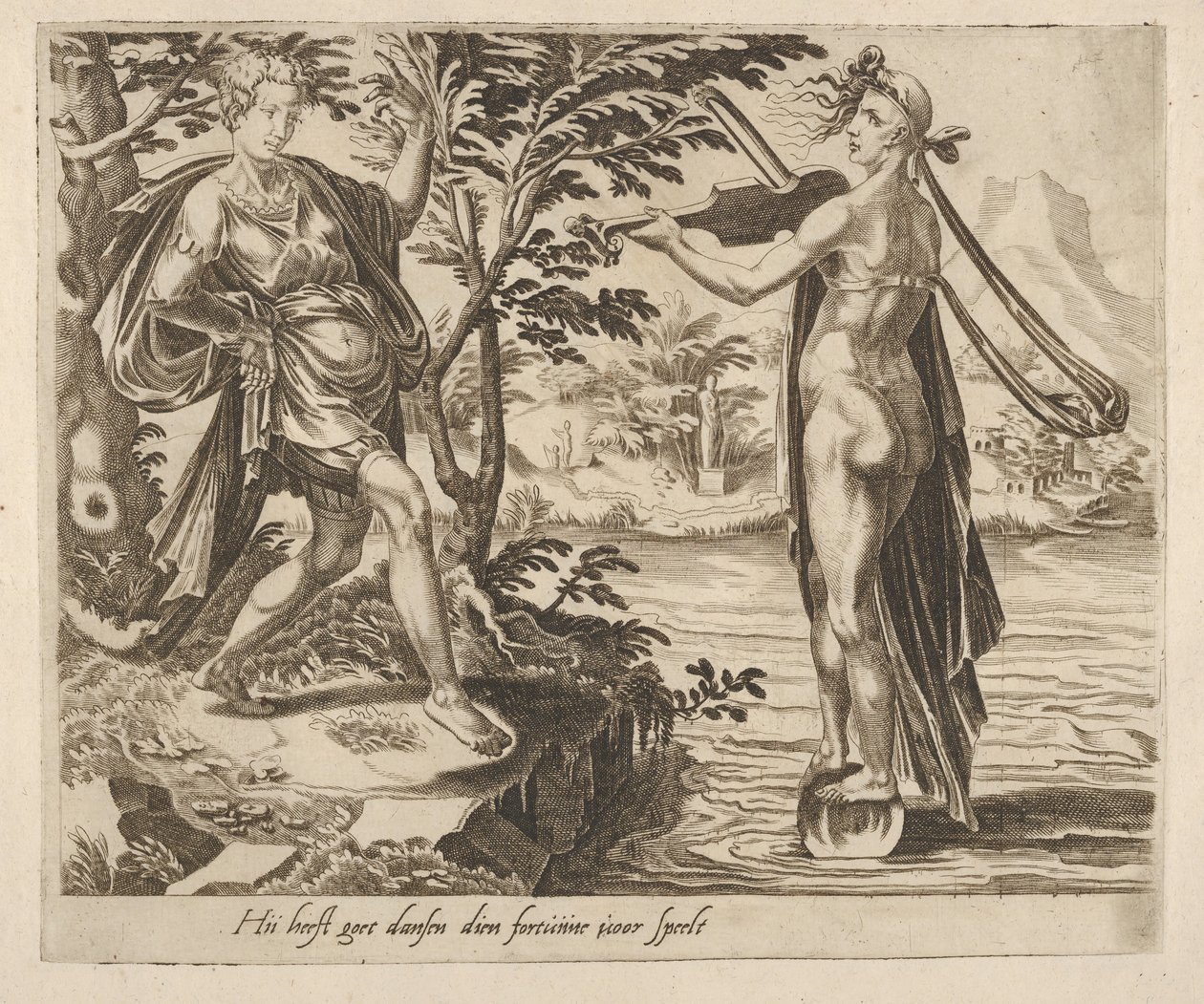 Derjenige, dem das Glück spielt, wird fröhlich tanzen aus Sechs Sprüchen über das Glück, ca. 1560 von Dirck Volkertsen Coornhert