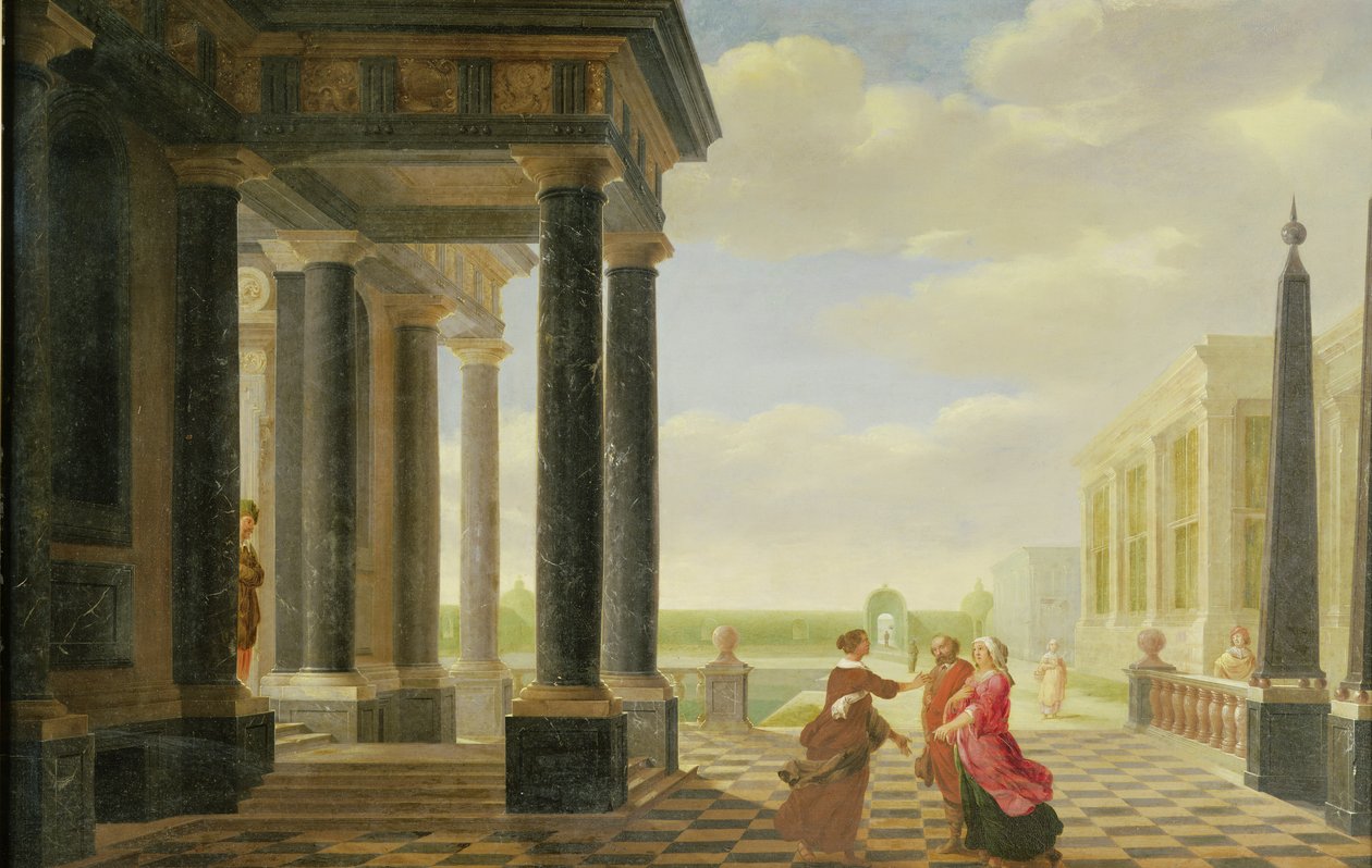 Figuren im Gespräch in einer klassischen Umgebung von Dirck van Delen