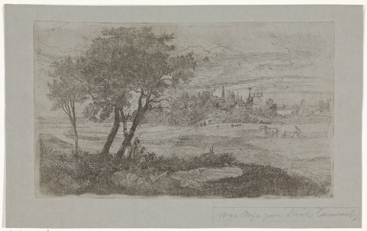 Landschaft mit Bäumen im Vordergrund und einem Pflug auf dem Acker von Dirk Arnoldus Tavenraat
