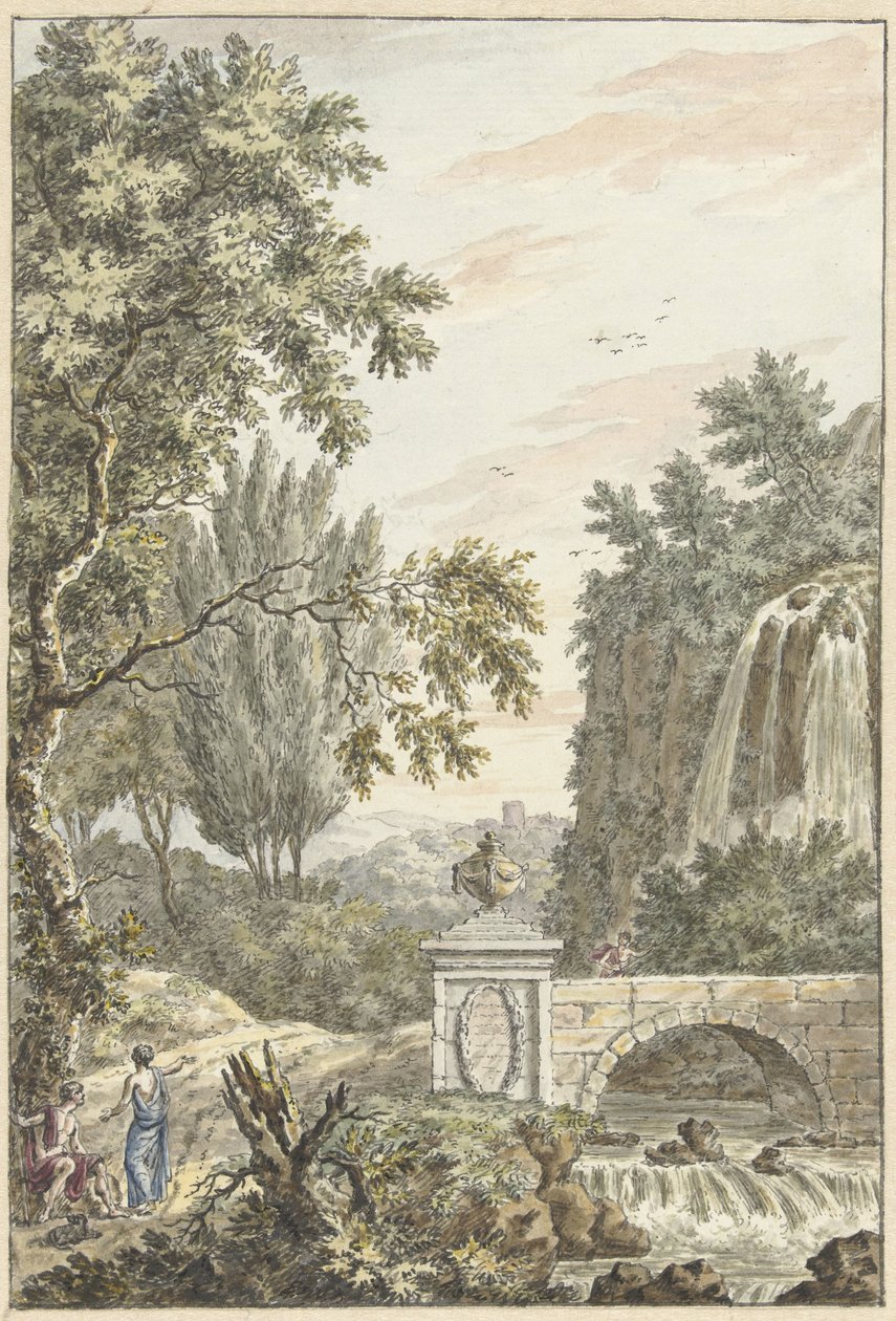 Arkadische Waldlandschaft mit einem Wasserfall, einer Brücke und drei jungen Männern von Dirk Versteegh