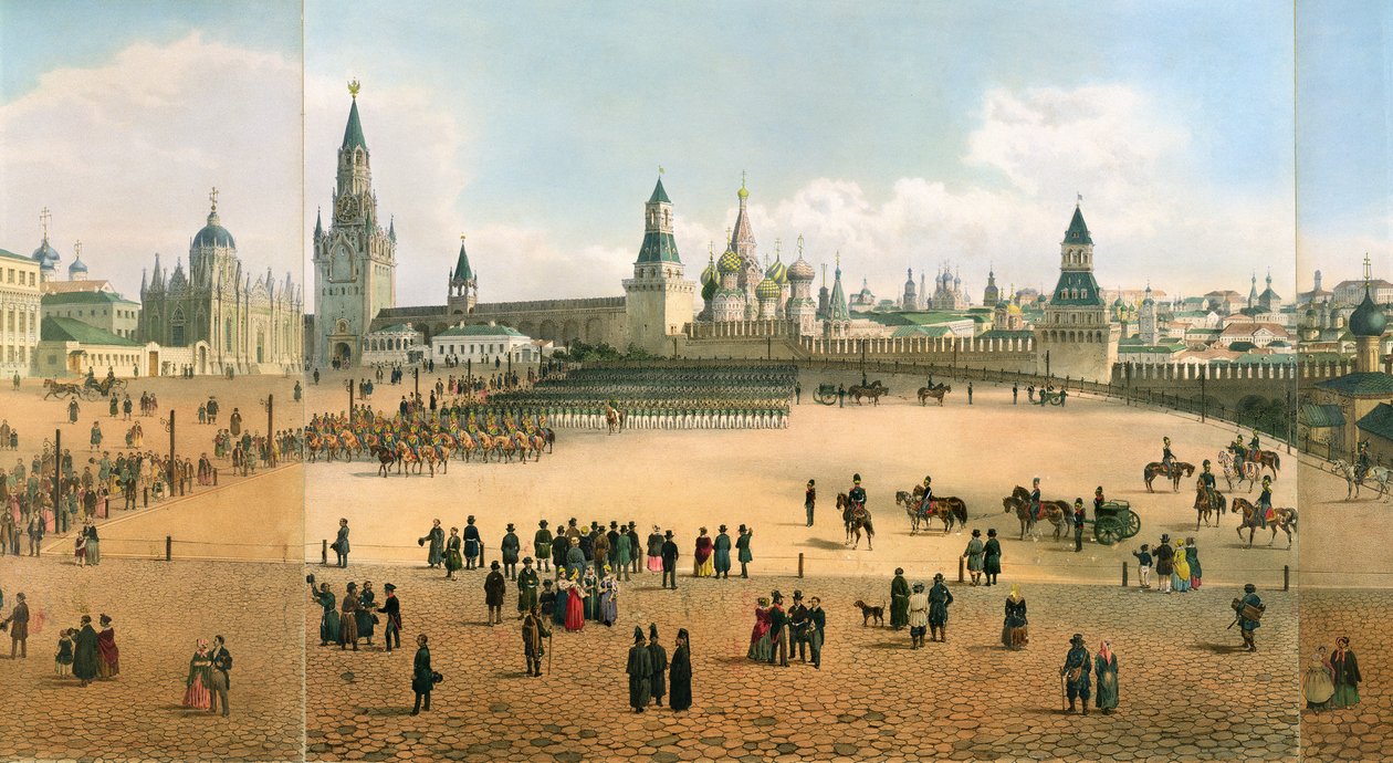 Die Basilius-Kathedrale vom Kreml aus gesehen, aus einem Panorama von Moskau, graviert von Philippe Benoist und Aubrun von Dmitri Indieitzeff