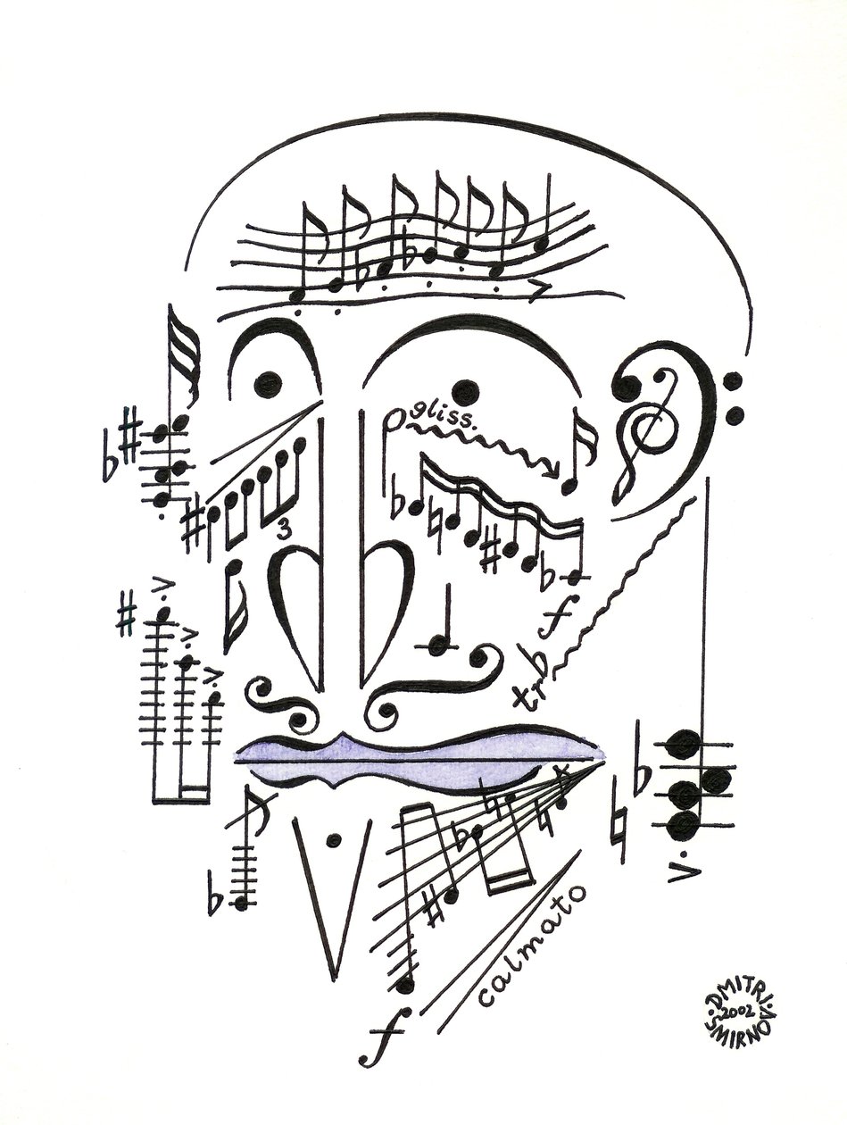 Dr. Musicus - ein Gesicht, gezeichnet mit musikalischer Notation von Dmitri Smirnov