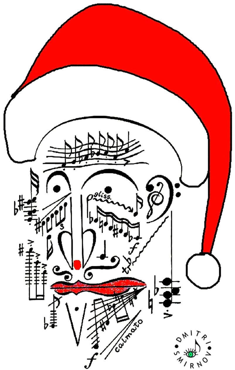 Musikalischer Weihnachtsmann - der Kopf des Weihnachtsmanns gezeichnet mit musikalischer Notation und mit rotem Hut von Dmitri Smirnov