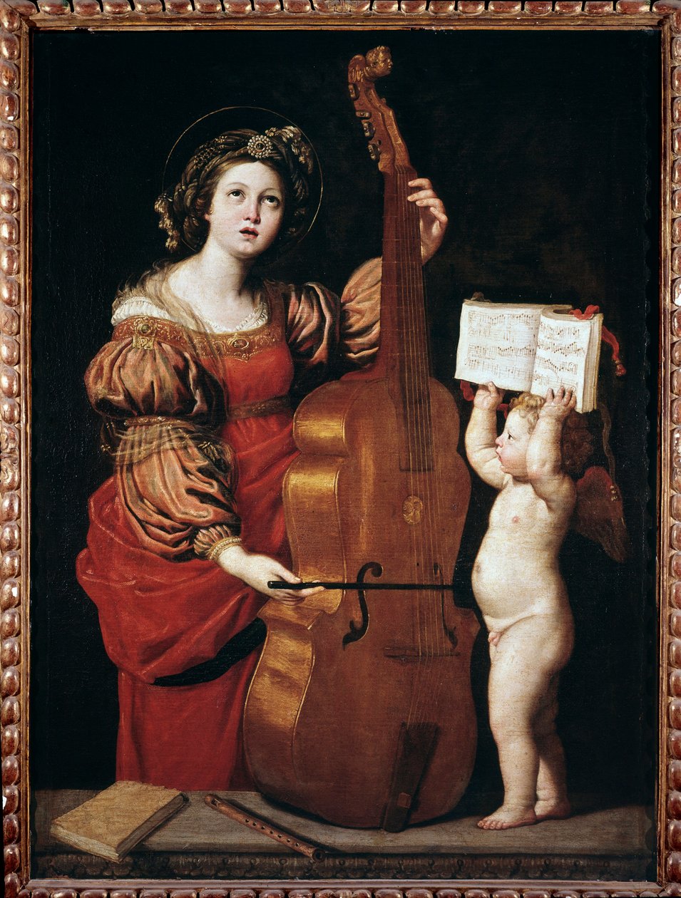 Heilige Cäcilia mit einem Engel, der eine Partitur hält (Öl auf Leinwand) von Domenichino