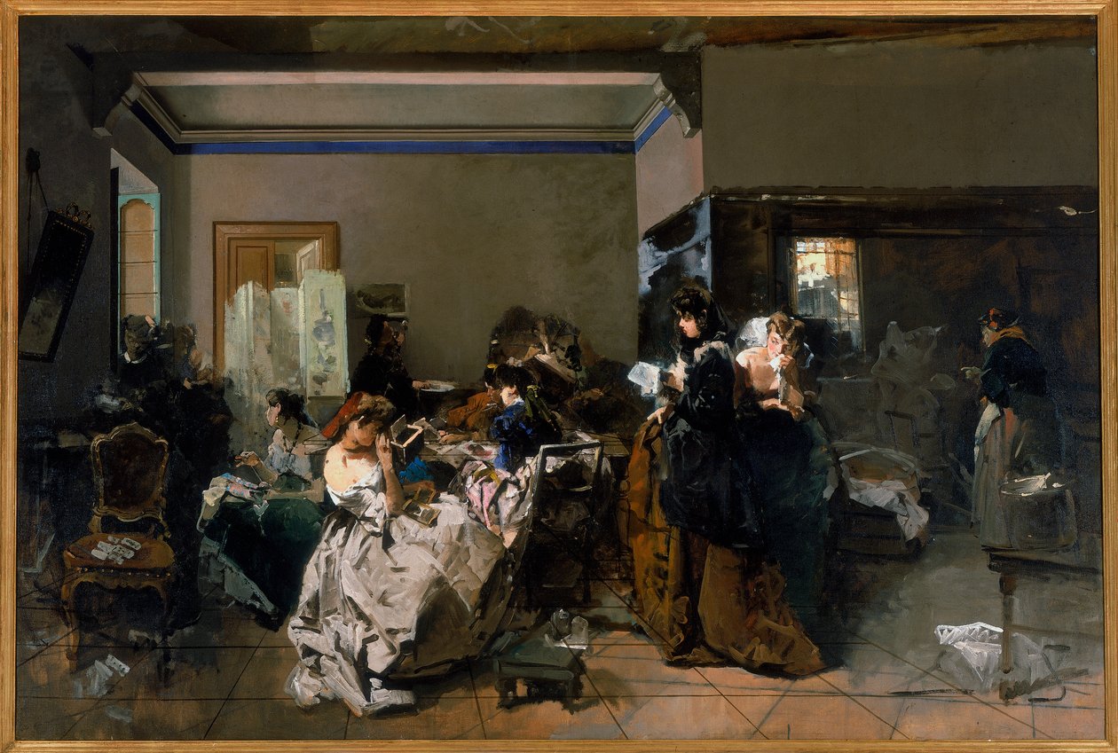 Werkstattmalerei, in der einige junge Schneiderinnen arbeiten, 1858-60 von Domenico Induno